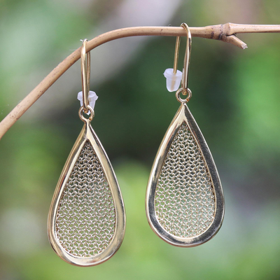 Gold-plated dangle earrings, 'Golden Pear' - Gold-Plated Brass and Mesh Dangle Earrings