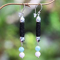 Rose quartz and beryl dangle earrings, 'Soft Side' - Hand Made Rose Quartz and Beryl Dangle Earrings