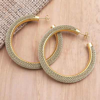 Gold-plated brass half-hoop earrings, 'Golden Nest' - Gold-Plated Brass and Mesh Half-Hoop Earrings
