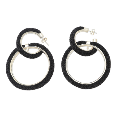 Black Mesh and Silver-Plated Half-Hoop Earrings