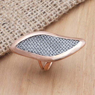 Rose gold-plated cocktail ring, 'Rosy Leaves' - Rose Gold-Plated Brass and Polyester Mesh Cocktail Ring