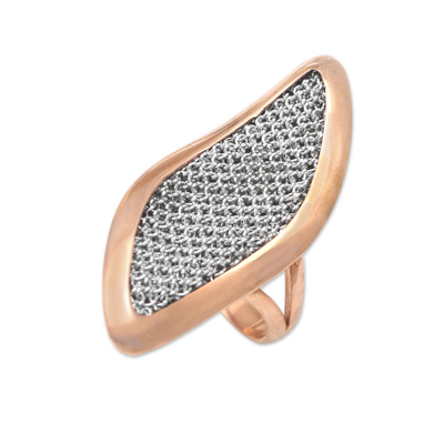 Rose gold-plated cocktail ring, 'Rosy Leaves' - Rose Gold-Plated Brass and Mesh Cocktail Ring