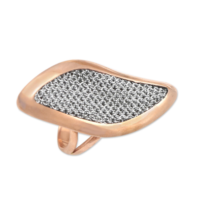 Rose gold-plated cocktail ring, 'Rosy Leaves' - Rose Gold-Plated Brass and Polyester Mesh Cocktail Ring