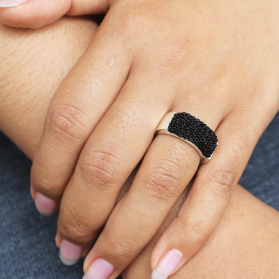 Silver-plated band ring, 'Dark and Light' - Silver-Plated and Black Mesh Band Ring