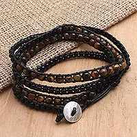 Onyx and tiger's eye wrap bracelet, 'First Day in Black' - Onyx and Tiger's Eye Wrap Bracelet