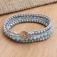 Cultured pearl and beryl wrap bracelet, 'First Day in Blue' - Cultured Pearl and Beryl Wrap Bracelet