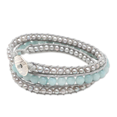 Cultured pearl and beryl wrap bracelet, 'First Day in Blue' - Cultured Pearl and Beryl Wrap Bracelet