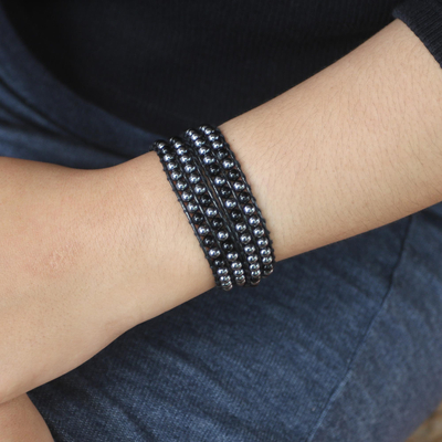 Hematite and onyx wrap bracelet, 'Dark Hour' - Handcrafted Onyx and Hematite Wrap Bracelet