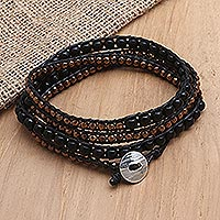 Onyx and hematite wrap bracelet, 'Afternoon Eclipse' - Handmade Onyx and Hematite Wrap Bracelet from Bali