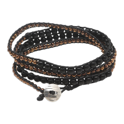 Onyx and hematite wrap bracelet, 'Afternoon Eclipse' - Handmade Onyx and Hematite Wrap Bracelet from Bali