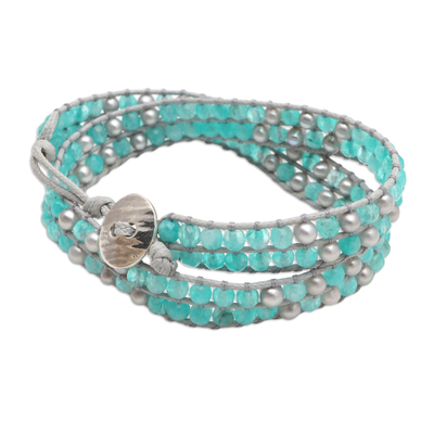 Amazonite and cultured pearl wrap bracelet, 'Grey Sea' - Amazonite and Cultured Pearl Wrap Bracelet