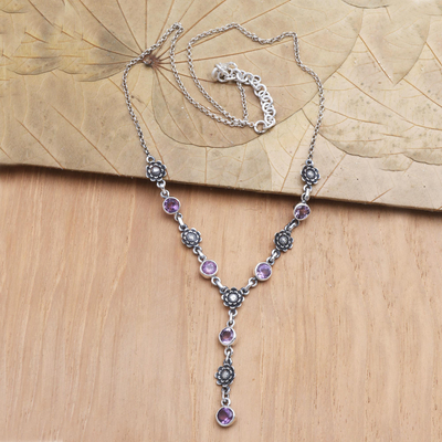 Amethyst pendant necklace, 'Imperial Sunflowers' - Sterling Silver and Amethyst Floral Pendant Necklace