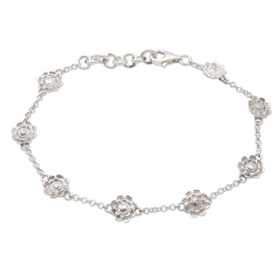 Sterling silver station bracelet, 'Fun and Flirty' - Sterling Silver Floral-Motif Station Bracelet