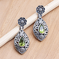 Peridot dangle earrings, 'Spring Grass' - Peridot and Sterling Silver Floral-Motif Dangle Earrings