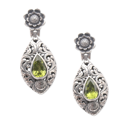 Peridot dangle earrings, 'Spring Grass' - Peridot and Sterling Silver Floral-Motif Dangle Earrings