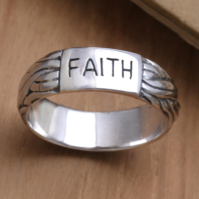 Men's sterling silver band ring, 'I Have Faith' - Men's Hand Made Sterling Silver Band Ring