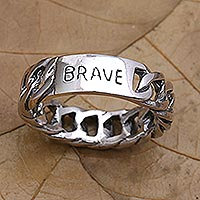 Men's sterling silver band ring, 'You Are Brave' - Artisan Crafted Men's Sterling Silver Band Ring