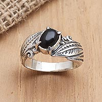 Onyx single stone ring, 'Frangipani Leaves' - Sterling Silver and Onyx Single Stone Ring