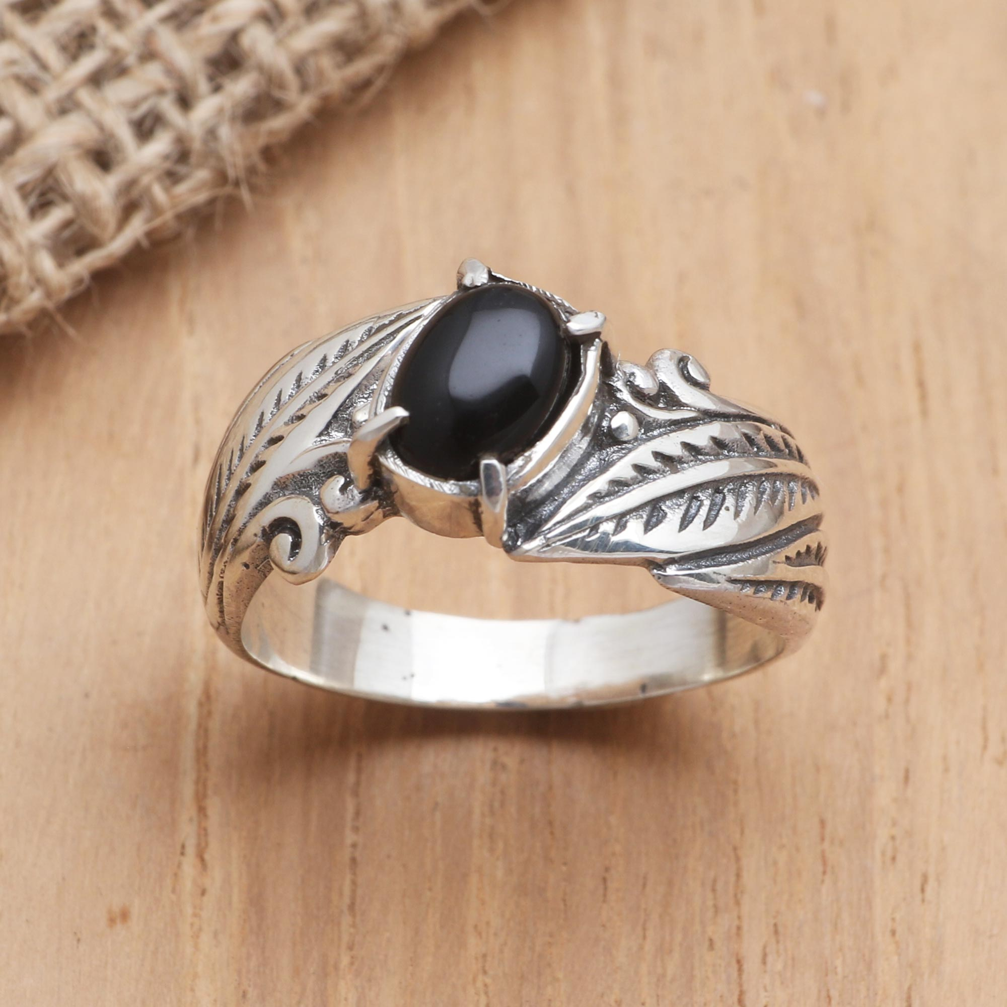 Sterling Silver and Onyx Single Stone Ring - Frangipani Leaves | NOVICA