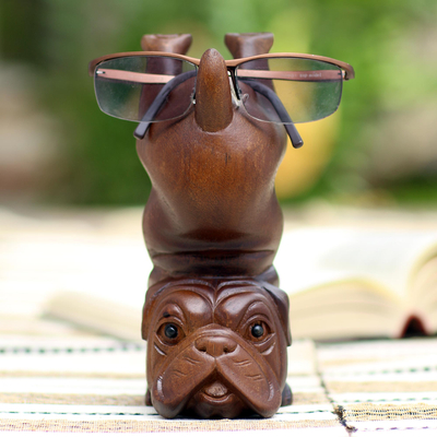 Wood eyeglass holder, 'Faithful Friend' - Suar Wood Dog-Themed Eyeglass Holder