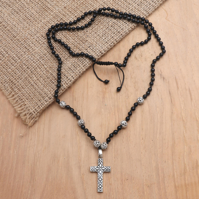 Onyx pendant necklace, 'Holy Night' - Onyx and Sterling Silver Cross Pendant Necklace