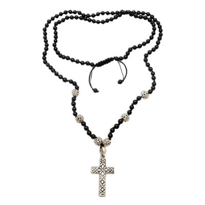 Onyx pendant necklace, 'Holy Night' - Onyx and Sterling Silver Cross Pendant Necklace