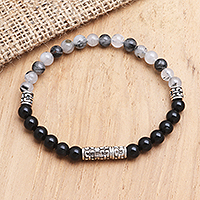 Featured review for Onyx and tourmalinated quartz beaded bracelet, Smoky Skies