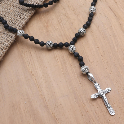 Lava stone pendant necklace, 'Lava Cross' - Lava Stone and Sterling Silver Pendant Necklace