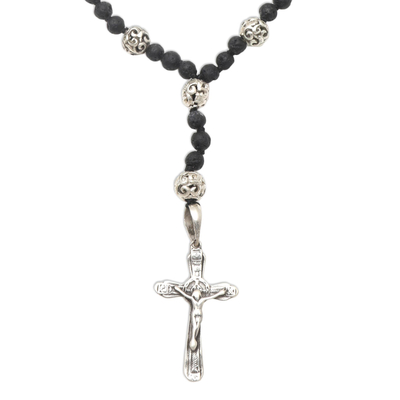 Lava stone pendant necklace, 'Lava Cross' - Lava Stone and Sterling Silver Pendant Necklace