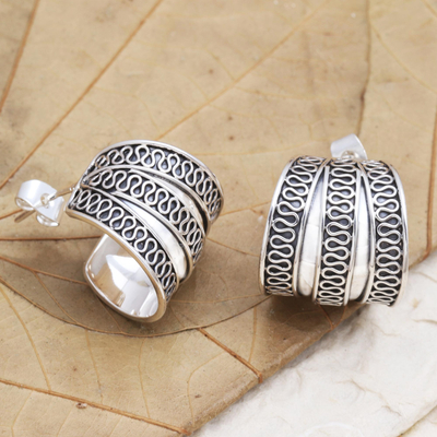 Sterling silver half-hoop earrings, 'Silver Spring' - Sterling Silver Handmade Balinese Small Half-Hoop Earrings