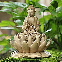 Escultura de madera de hibisco, 'Lord Buddha and Lotus' - Escultura de Buda de madera de hibisco tallada a mano