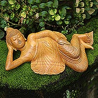 Krokodil-Holzskulptur, „Buddha im Frieden“ – handgeschnitzte Krokodil-Holz-Buddha-Skulptur