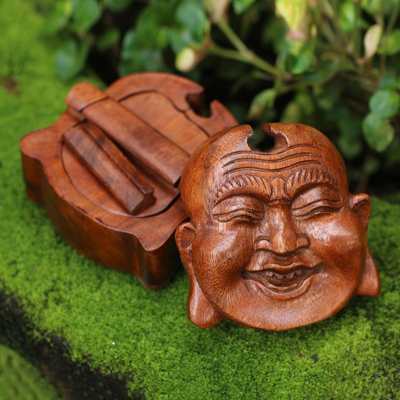 Wood puzzle box, 'Buddha's Secret' - Buddha-Themed Suar Wood Puzzle Box