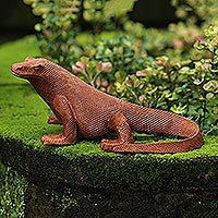 Wood statuette, 'Fierce Defender' - Hand Carved Suar Wood Komodo Dragon Statuette