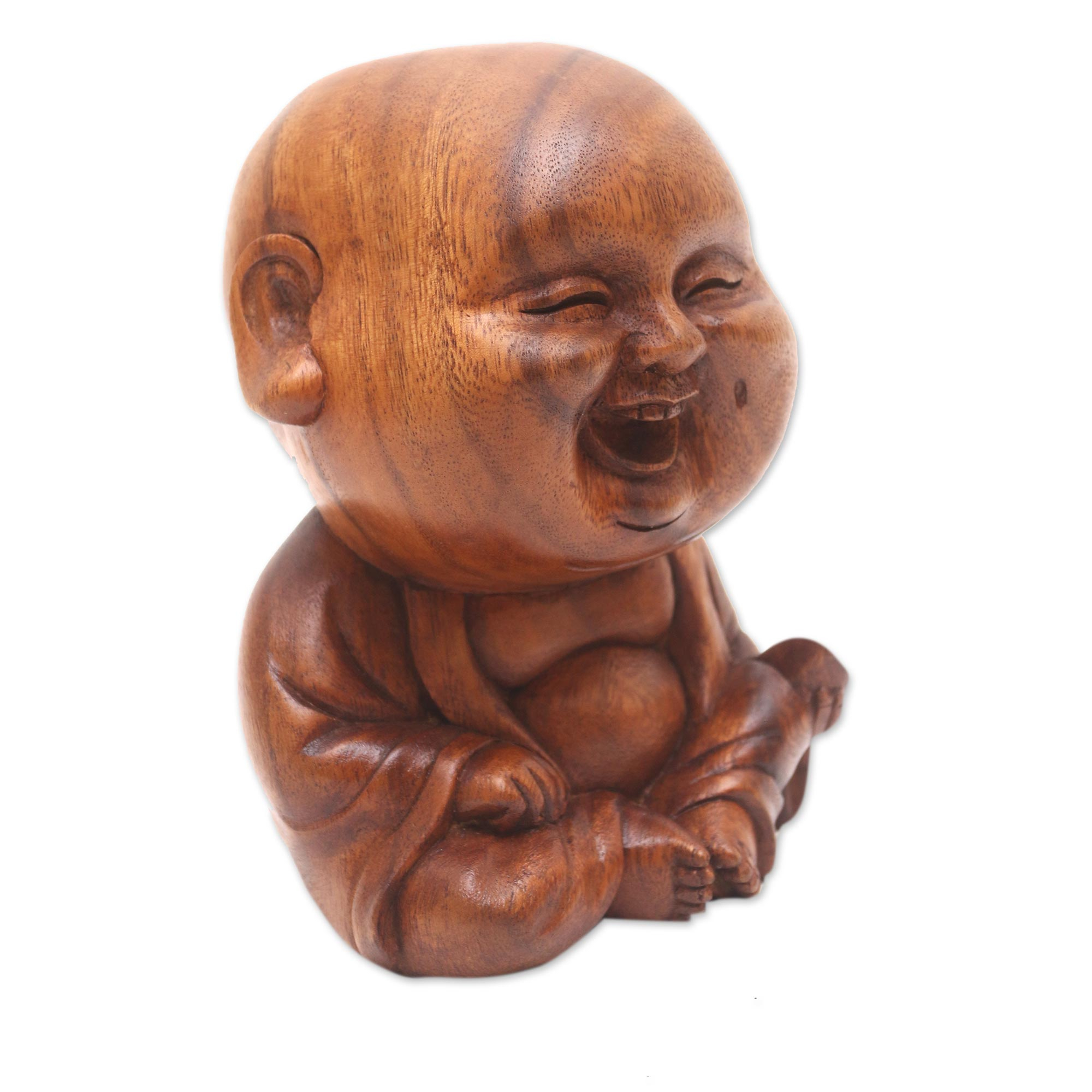 Hand Carved Suar Wood Buddha Sculpture - Smiling Baby Buddha | NOVICA