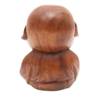Wood sculpture, 'Smiling Baby Buddha' - Hand Carved Suar Wood Buddha Sculpture