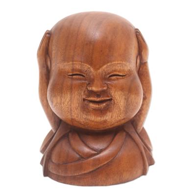 Wood sculpture, 'Gleeful Buddha' - Hand Crafted Suar Wood Buddha Sculpture