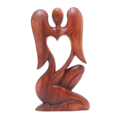 Wood statuette, 'Angelic Rhythm' - Hand Carved Suar Wood Angel Sculpture