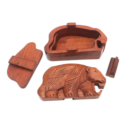 Wood puzzle box, 'Hungry Bear' - Hand Carved Suar Wood Bear Puzzle Box