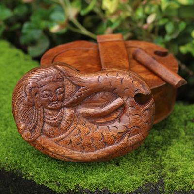 Wood puzzle box, 'Mermaid Dance' - Hand Carved Suar Wood Mermaid Puzzle Box