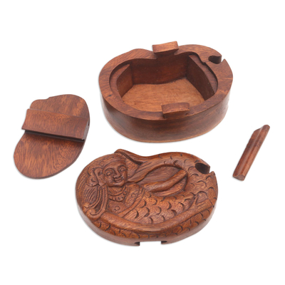 Wood puzzle box, 'Mermaid Dance' - Hand Carved Suar Wood Mermaid Puzzle Box