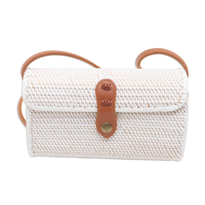 Natural fiber and leather sling bag, 'Everyday Weave' - Woven Bamboo and Leather Sling Bag