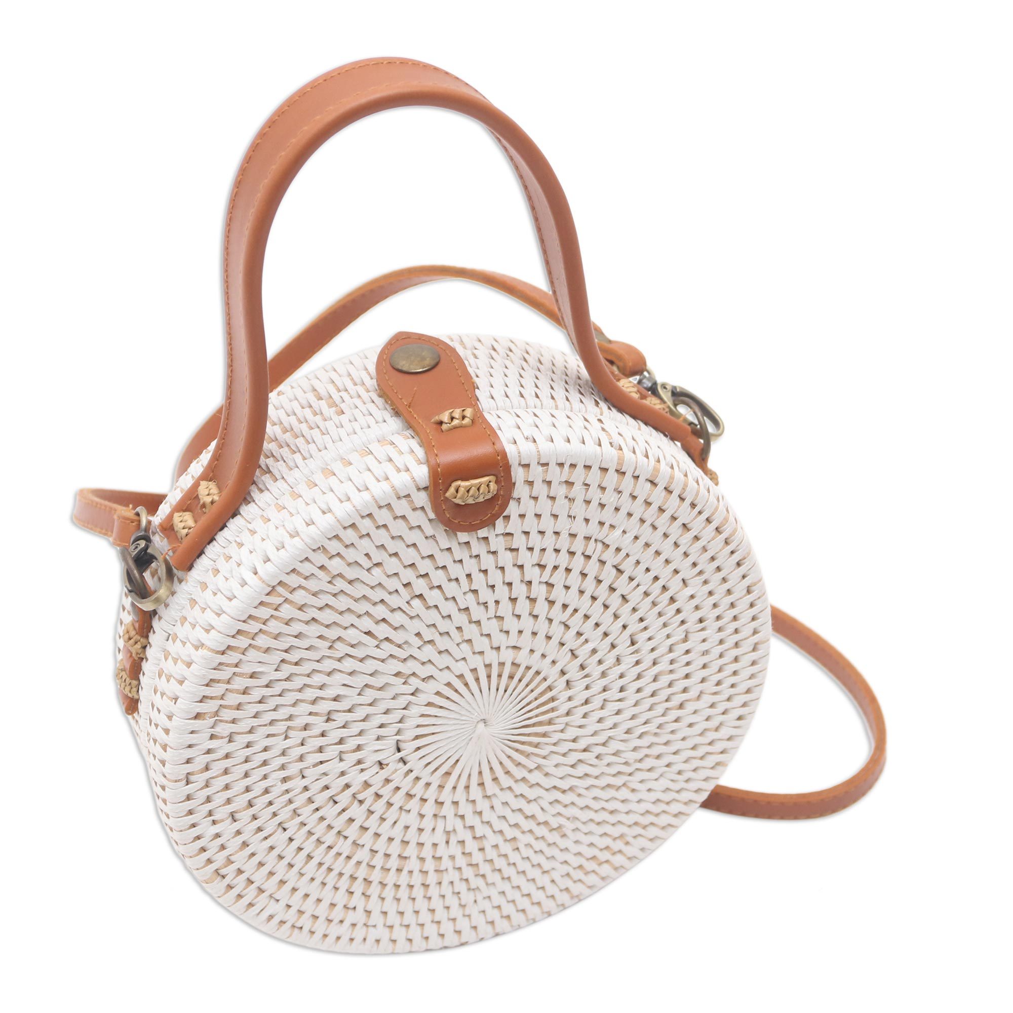 UNICEF Market Natural Fiber and Leather Round Sling Bag Blanc