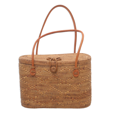 Handtasche mit Griff aus Naturfaser und Leder - Handtasche aus gewebtem Bambus und Ledergriff