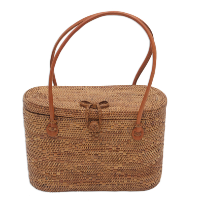 Natural fiber and leather handle handbag, 'Petite Picnic' - Woven Bamboo and Leather Handle Handbag