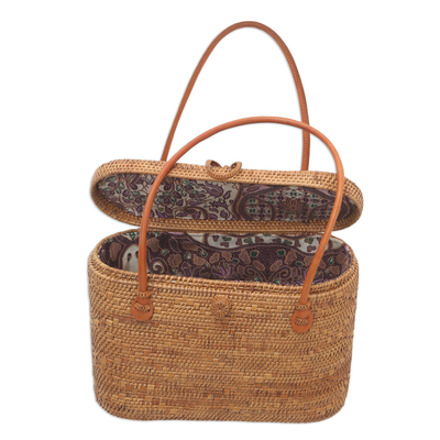 Natural fiber and leather handle handbag, 'Petite Picnic' - Woven Bamboo and Leather Handle Handbag