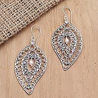 Cultured pearl dangle earrings, 'Miana Leaves'