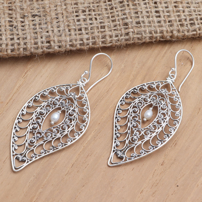 Cultured pearl dangle earrings, 'Miana Leaves' - Sterling Silver and Cultured Pearl Dangle Earrings