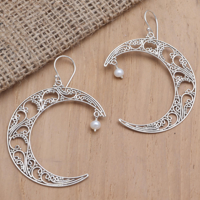 Cultured pearl dangle earrings, 'Crescent Couple' - Crescent Moon Cultured Pearl Dangle Earrings
