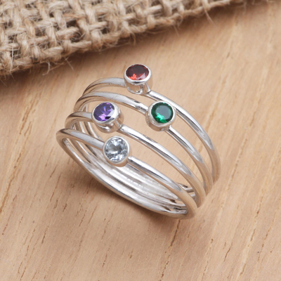 Multi-gemstone ring, 'Rainbow Stepping Stones' - Hand Crafted Amethyst and Garnet Ring